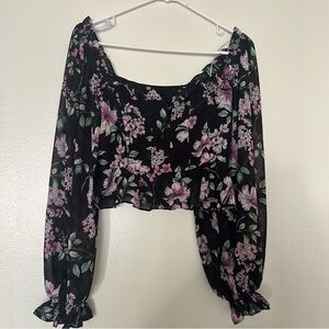 Lulus Black Floral Off-the-Shoulder Crop Top Long Sleeve Size Small